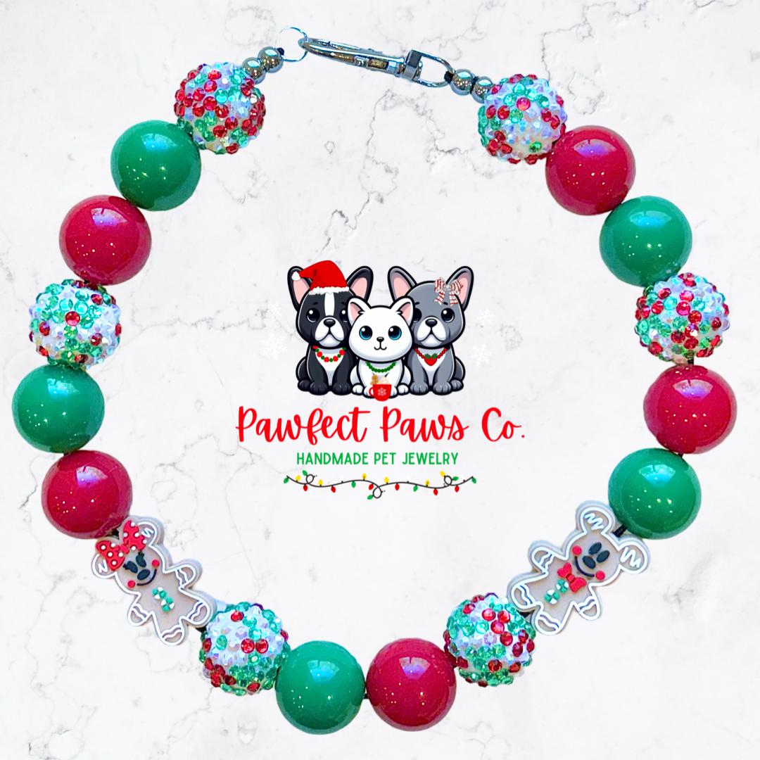 Gingermouse* Red & Green Sparkle Christmas Gingerbread Mickey Minnie Custom Beaded Dog/Cat Necklace!