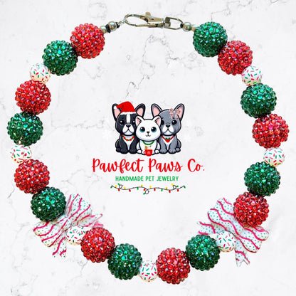 Coquette Cakes* Red & Green Sparkle Christmas Tree Cake Bows Custom Beaded Dog/Cat Necklace!