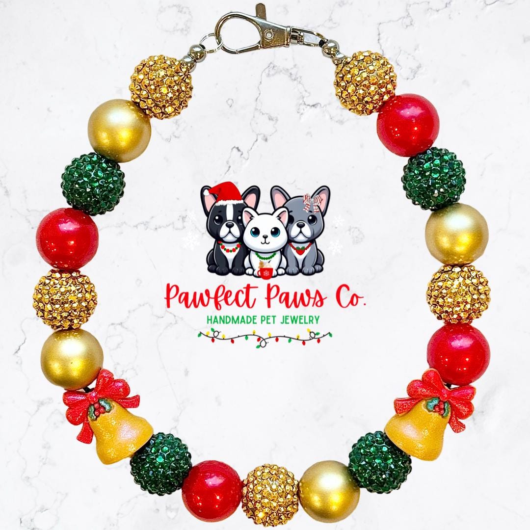 Noel* Red, Green & Gold Sparkle Bell Custom Beaded Dog/Cat Necklace!