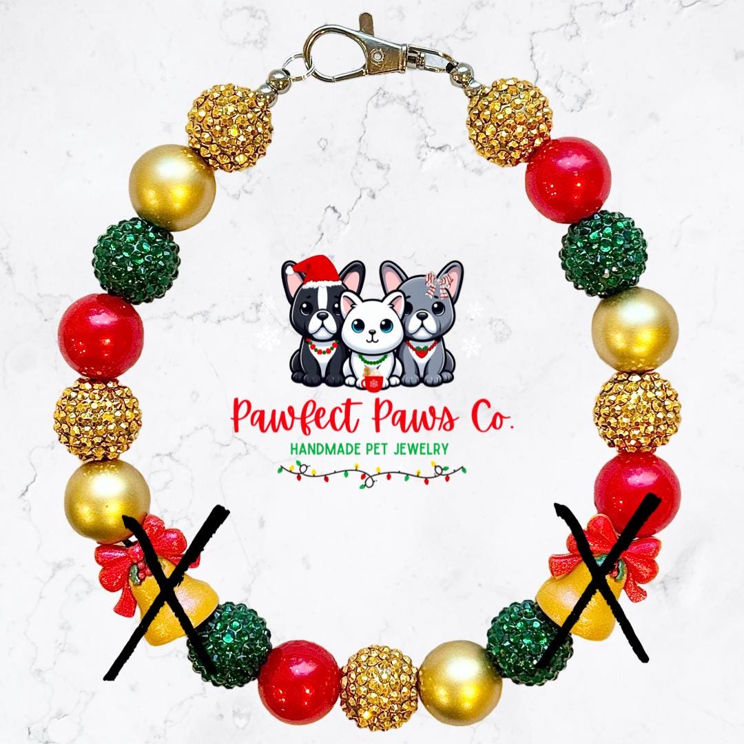 Noel* Red, Green & Gold Sparkle Bell Custom Beaded Dog/Cat Necklace!