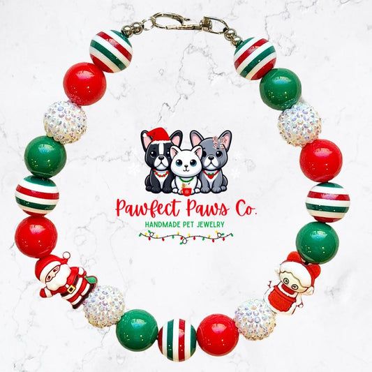 Mr & Mrs* Red, Green and White Sparkle Santa Mrs Claus Custom Beaded Dog/Cat Necklace!