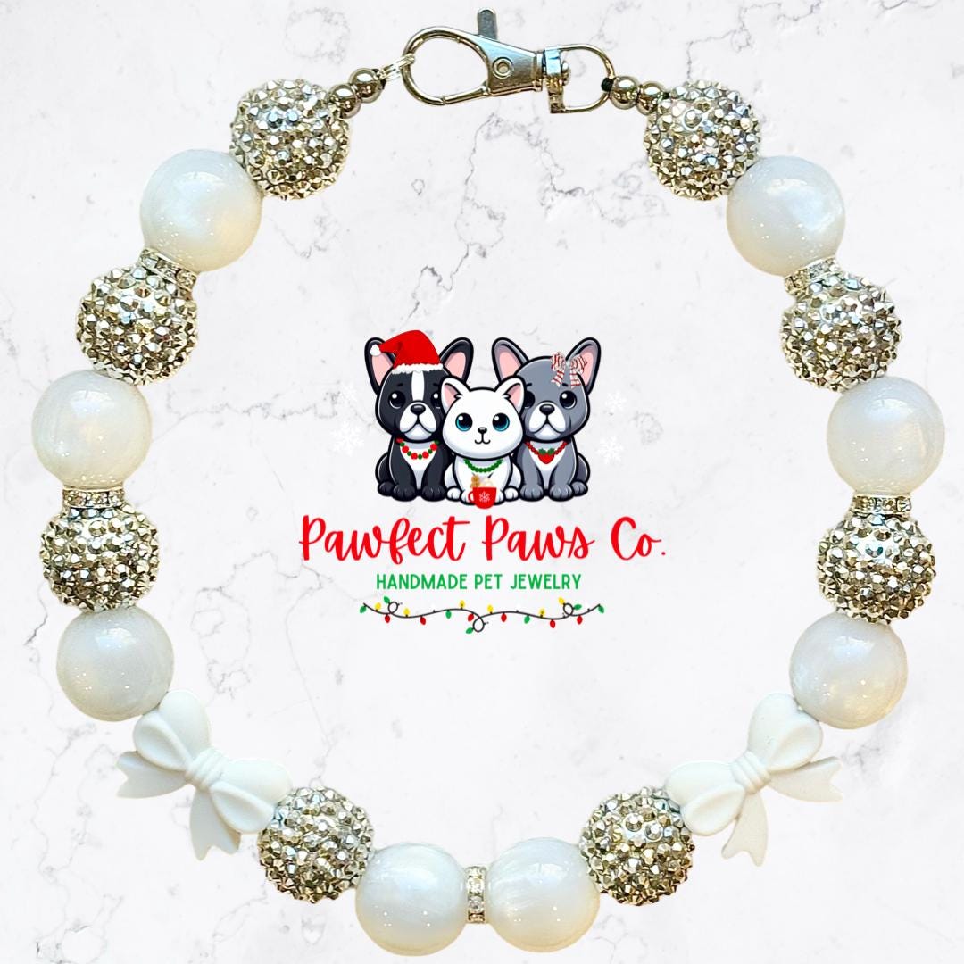 Snowflake Sparkle* White & Silver Sparkle Christmas Bow Custom Beaded Dog/Cat Necklace!