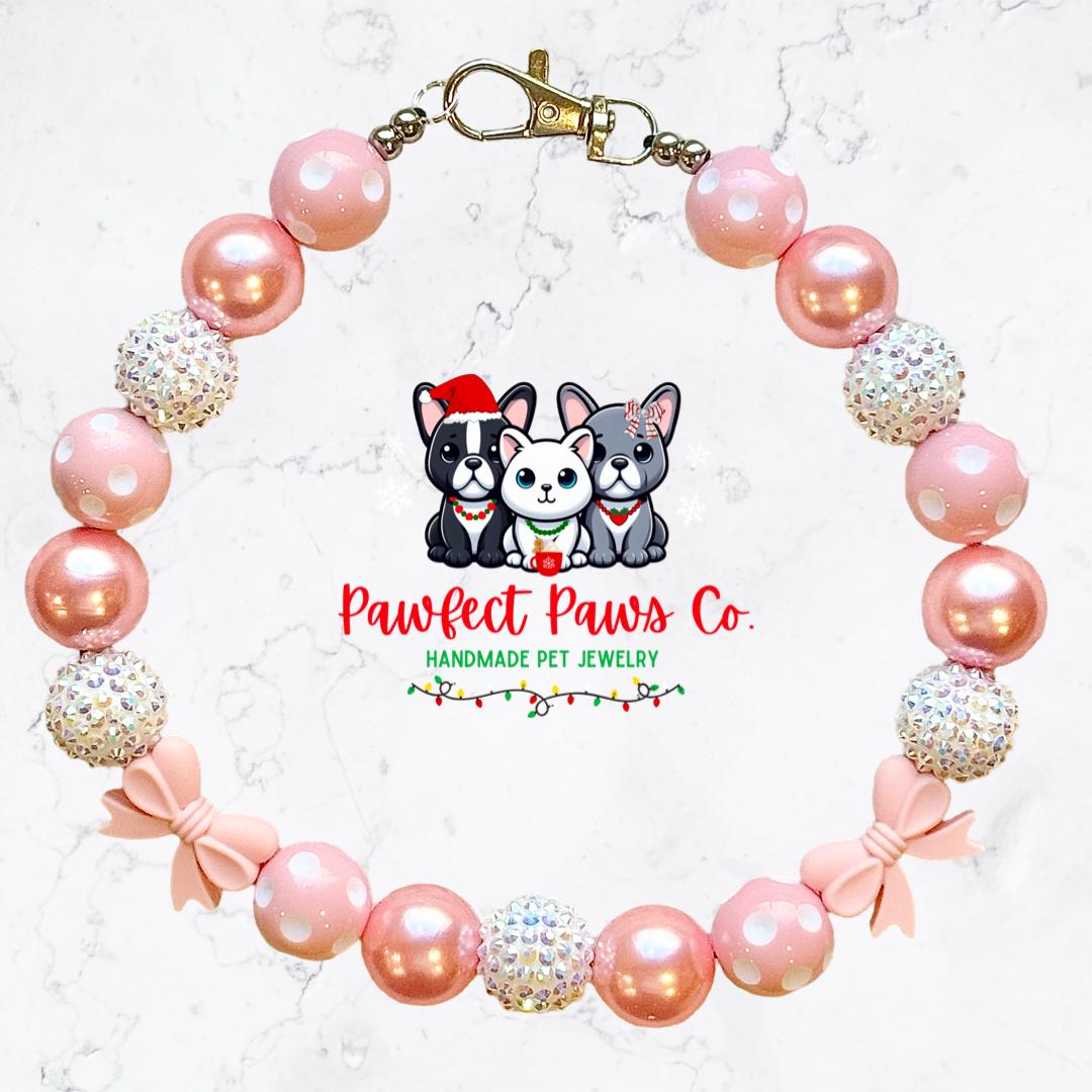 Pink Christmas* Pink & White Sparkle Christmas Bow Custom Beaded Dog/Cat Necklace!