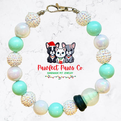 Snowglobe Shimmer* Teal & White Sparkle Christmas Snowglobe Custom Beaded Dog/Cat Necklace!