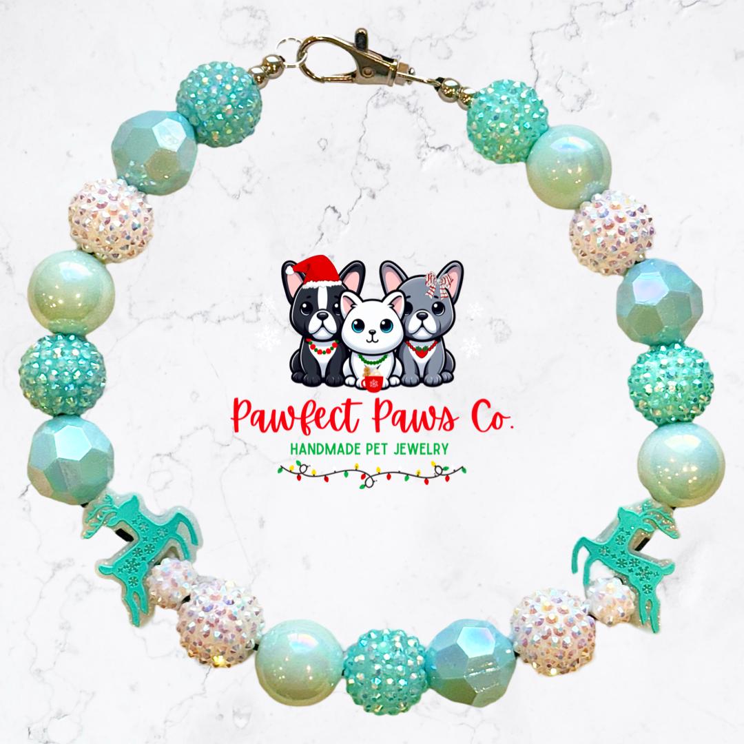 Dashing Through The Snow* Teal & White Sparkle Christmas Reindeer Custom Beaded Dog/Cat Necklace!