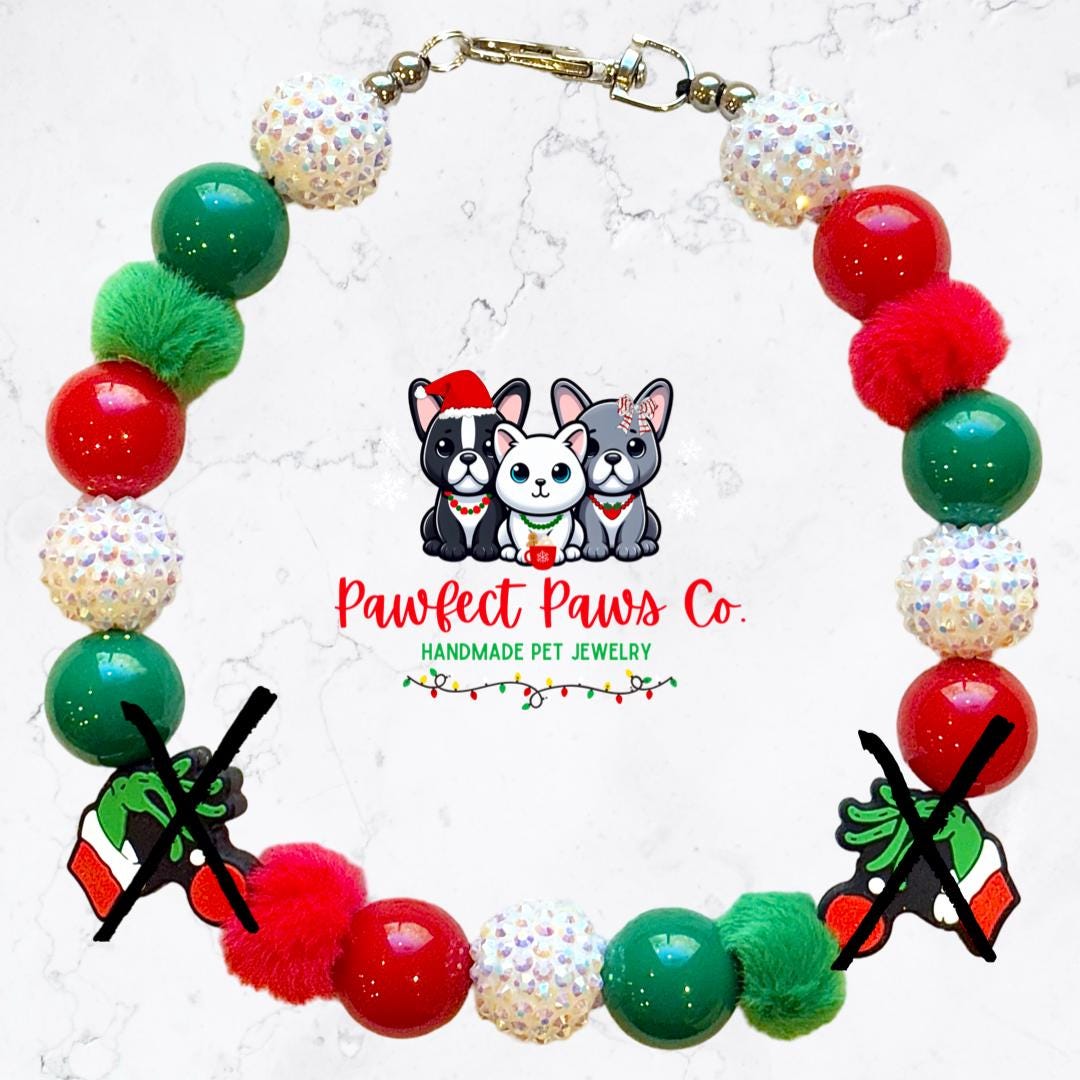 Stink Stank Stunk* Red, Green & White Sparkle Christmas Grinch Custom Beaded Dog/Cat Necklace!