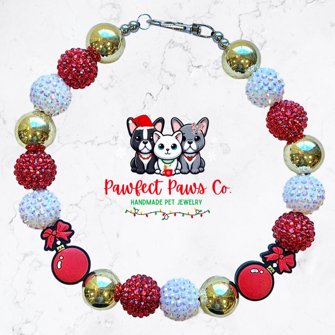 Jingle Bell Rock* Red, Gold & White Sparkle Christmas Ornament Custom Beaded Dog/Cat Necklace!