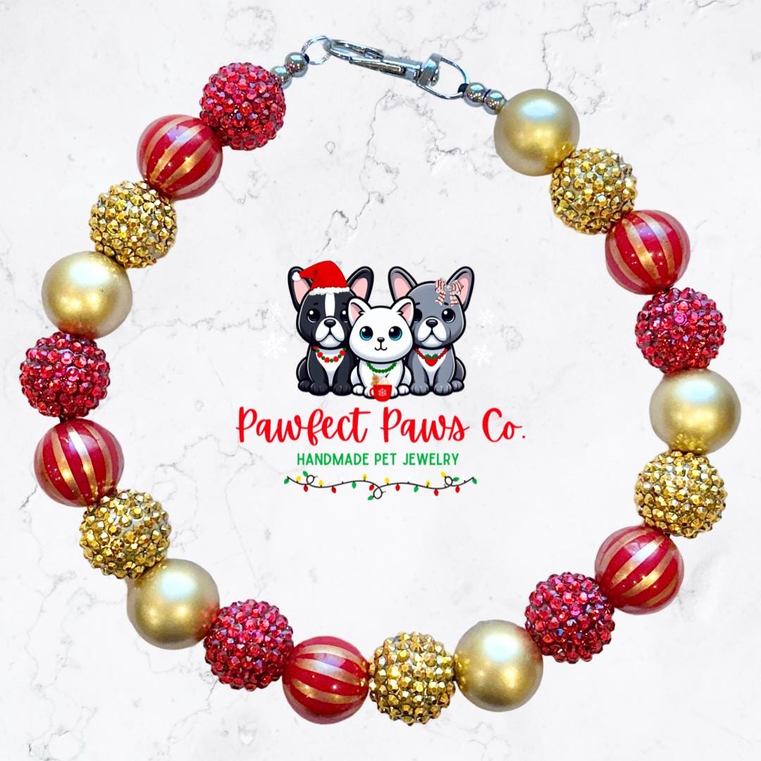 Golden Hour* Gold & Red Sparkle Christmas Custom Beaded Dog/Cat Necklace!