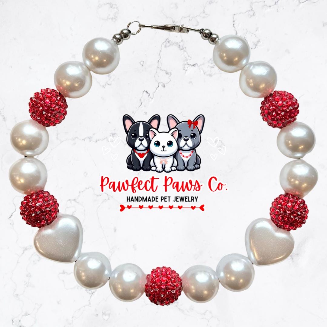 FurEver Love* Pearl & Red Sparkle Valentines Day Hearts Custom Beaded Dog/Cat Necklace!