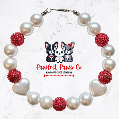 FurEver Love* Pearl & Red Sparkle Valentines Day Hearts Custom Beaded Dog/Cat Necklace!