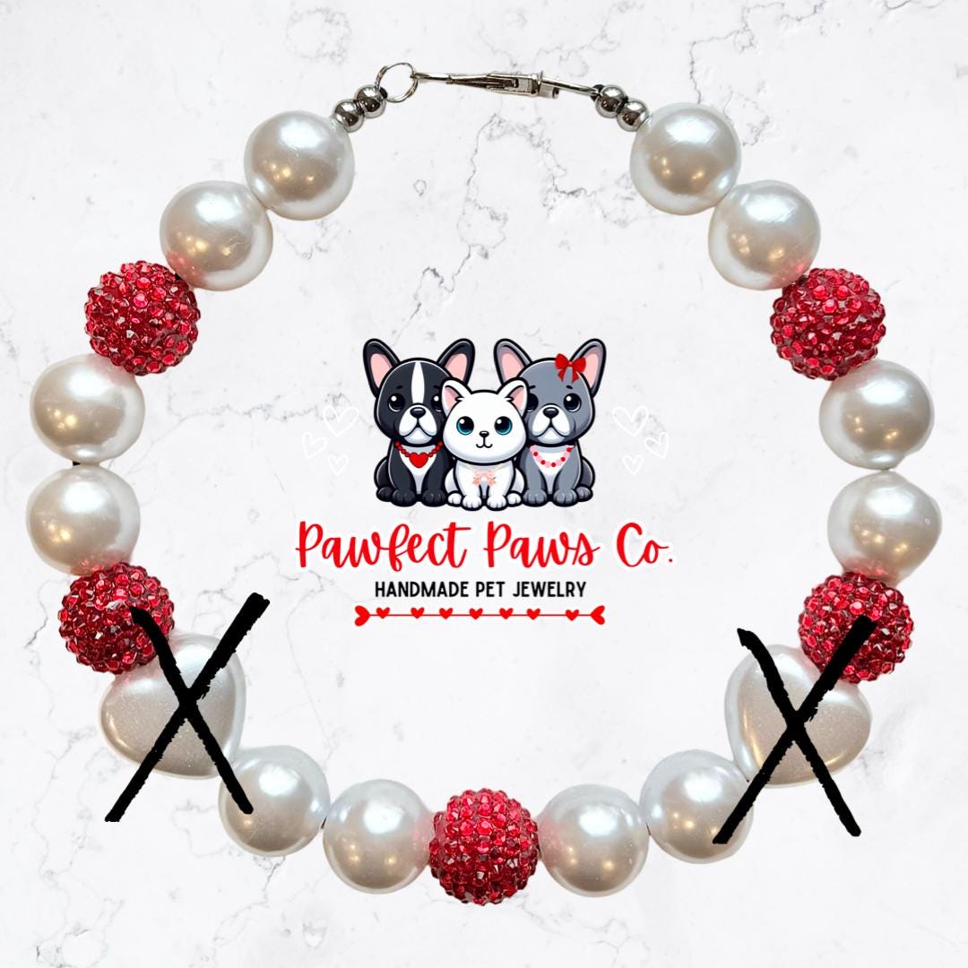 FurEver Love* Pearl & Red Sparkle Valentines Day Hearts Custom Beaded Dog/Cat Necklace!