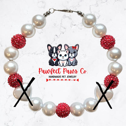 FurEver Love* Pearl & Red Sparkle Valentines Day Hearts Custom Beaded Dog/Cat Necklace!