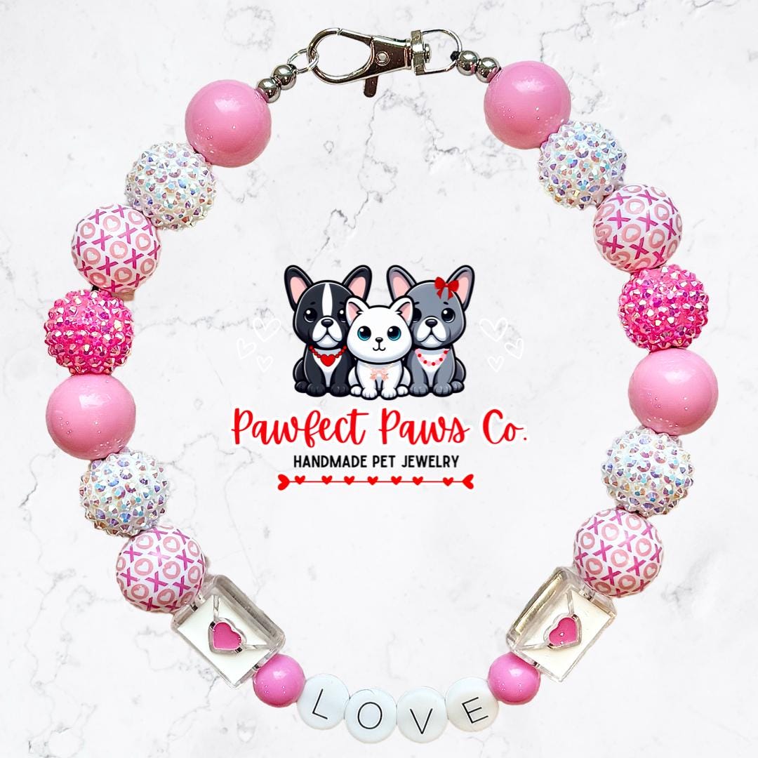 Love Letters* Pink & White Sparkle Valentines Day Custom Beaded Dog/Cat Necklace!