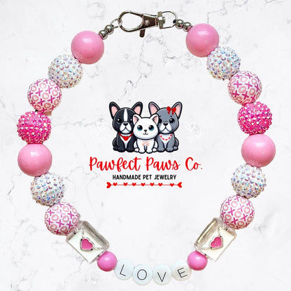 Love Letters* Pink & White Sparkle Valentines Day Custom Beaded Dog/Cat Necklace!