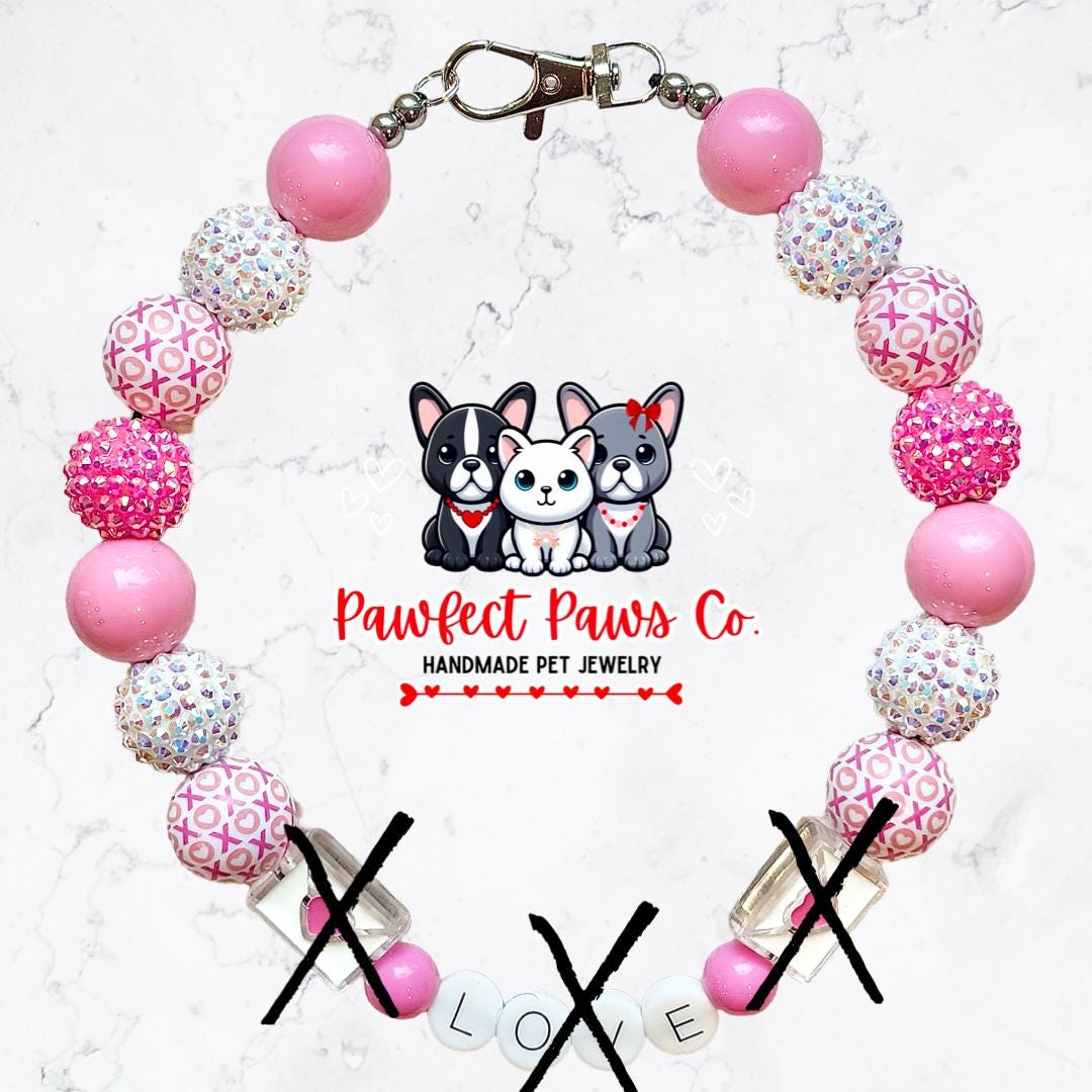 Love Letters* Pink & White Sparkle Valentines Day Custom Beaded Dog/Cat Necklace!