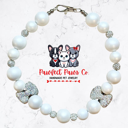 Be My Bow* White Pearl Valentines Day Bows Custom Beaded Dog/Cat Necklace!