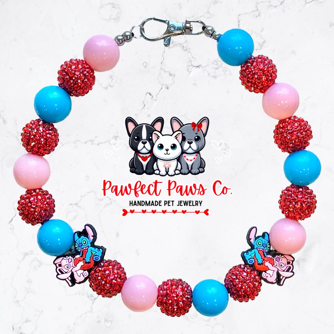 Ohana* Blue, Pink & Red Sparkle Valentines Day Stitch Custom Beaded Dog/Cat Necklace!