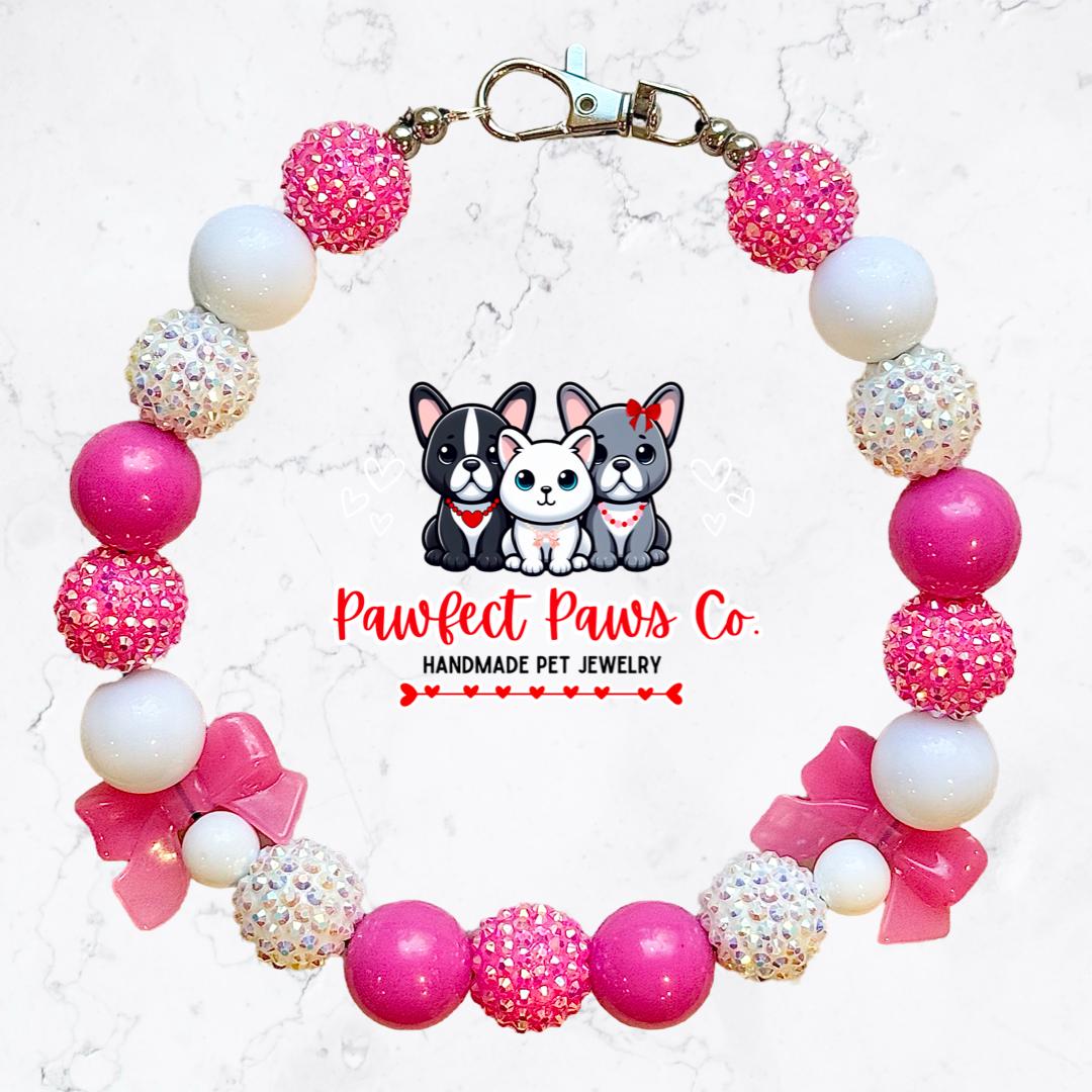 Bows of Love* Pink & White Sparkle Valentines Day Bow Custom Beaded Dog/Cat Necklace!