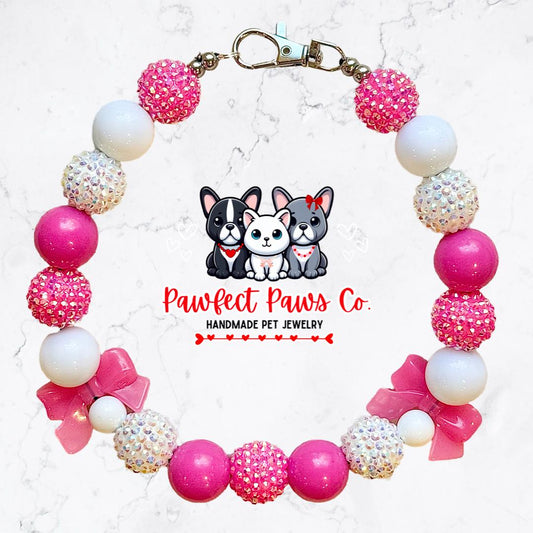 Bows of Love* Pink & White Sparkle Valentines Day Bow Custom Beaded Dog/Cat Necklace!