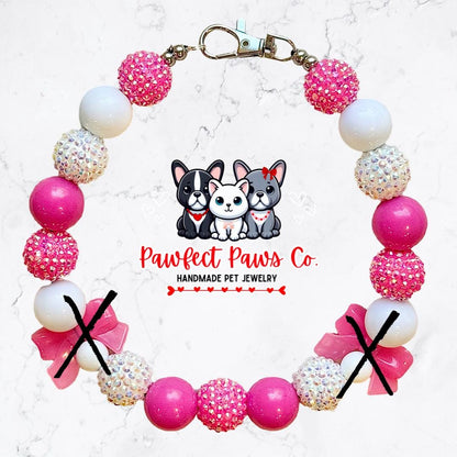 Bows of Love* Pink & White Sparkle Valentines Day Bow Custom Beaded Dog/Cat Necklace!