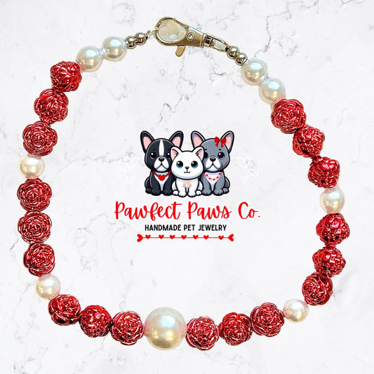 Eternal Roses* Pearl & Red Rose Valentines Day Custom Beaded Dog/Cat Necklace!