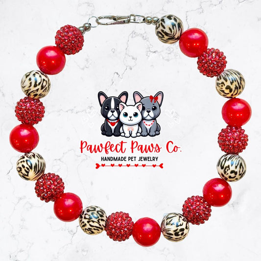 Wild at Heart* Leopard & Red Sparkle Valentines Day Custom Beaded Dog/Cat Necklace!