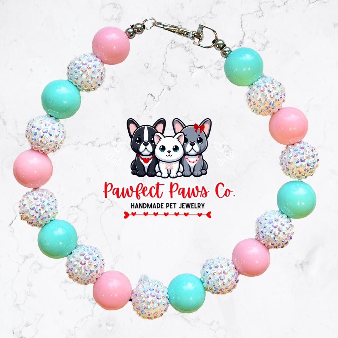 Candy Crush* Pink, Teal & White Sparkle Valentines Day Custom Beaded Dog/Cat Necklace!