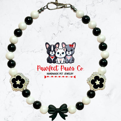 Bow-tiful Bouquet* Black & Pearl Flowers and Bow Valentines Day Custom Beaded Dog/Cat Necklace!