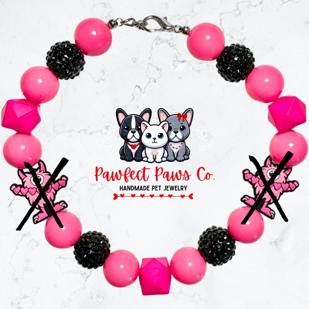 Crazy About You* Pink & Black Sparkle Monster Valentines Day Custom Beaded Dog/Cat Necklace!