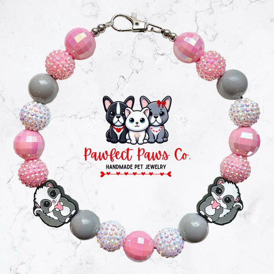 Love Stinks* Gray, White & Pink Sparkle Valentines Day Skunks Custom Beaded Dog/Cat Necklace!