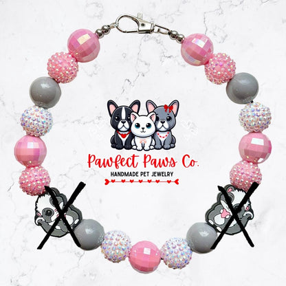 Love Stinks* Gray, White & Pink Sparkle Valentines Day Skunks Custom Beaded Dog/Cat Necklace!