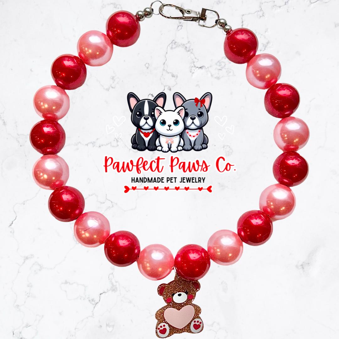 Beary Sweet* Pink & Red Pearl Valentines Day TeddyBear Custom Beaded Dog/Cat Necklace!