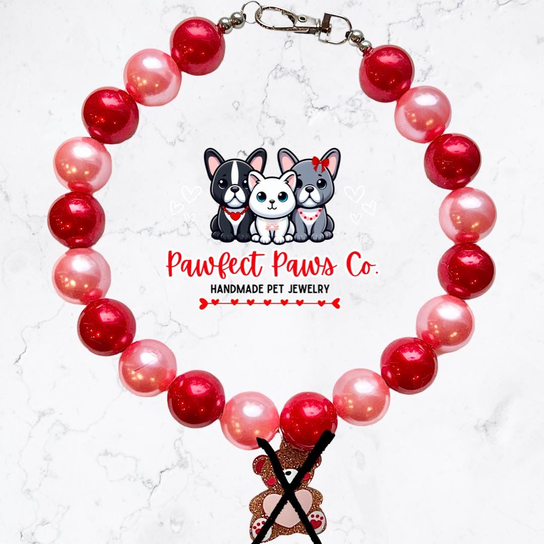 Beary Sweet* Pink & Red Pearl Valentines Day TeddyBear Custom Beaded Dog/Cat Necklace!