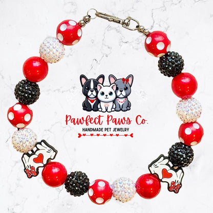 Minnie’s Valentine* Red, White & Black Sparkle Valentines Day Minnie Mouse Custom Beaded Dog/Cat Necklace!