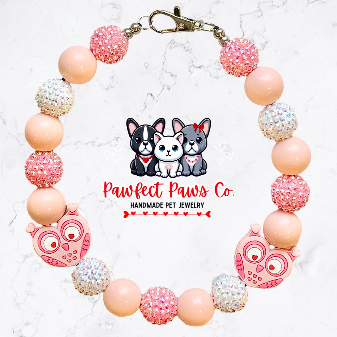 Owl-y Have Eyes 4 U* Pink & White Sparkle Valentines Day Owls Custom Beaded Dog/Cat Necklace!