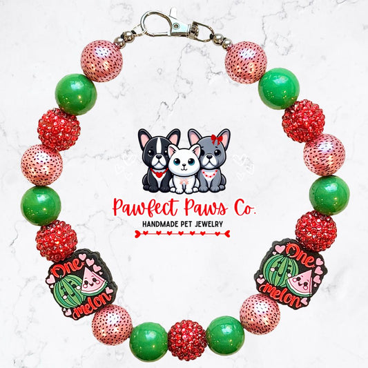 One in a Melon* Green & Red Sparkle Valentines Day Watermelons Custom Beaded Dog/Cat Necklace!