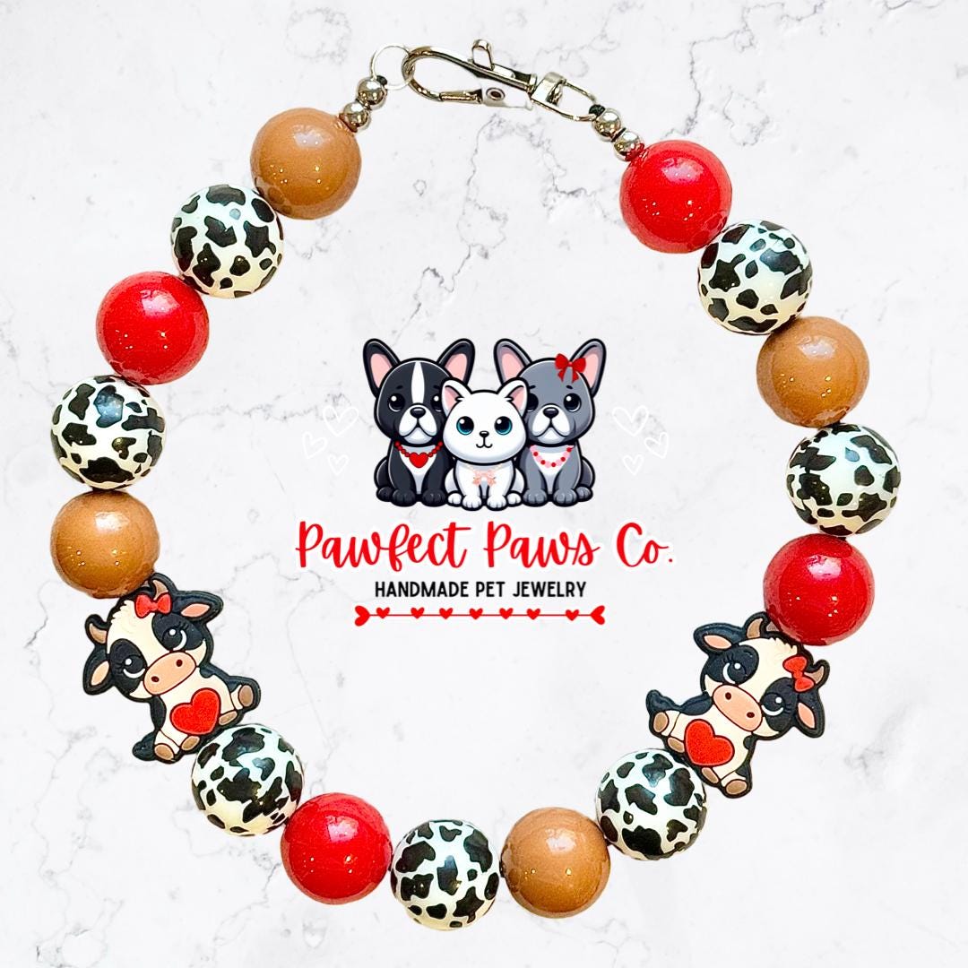 I Love Moo* Red & Tan Valentines Day Cow Custom Beaded Dog/Cat Necklace!