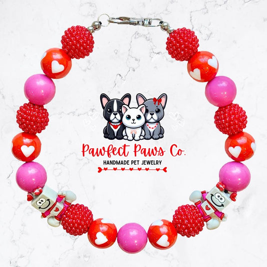 Valen-Bot* Pink & Red Sparkle Valentines Day Robots Custom Beaded Dog/Cat Necklace!