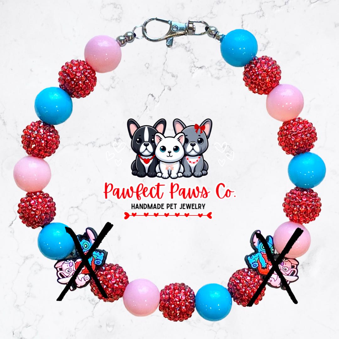 Ohana* Blue, Pink & Red Sparkle Valentines Day Stitch Custom Beaded Dog/Cat Necklace!