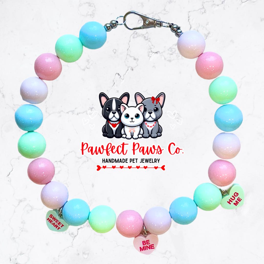 Sweet Talk* Pastel Blue, Pink & Green Valentines Day Candy Convo Heart Custom Beaded Dog/Cat Necklace!