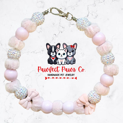 Blushing Bow* Pink & White Sparkle Valentines Day Bow Custom Beaded Dog/Cat Necklace!