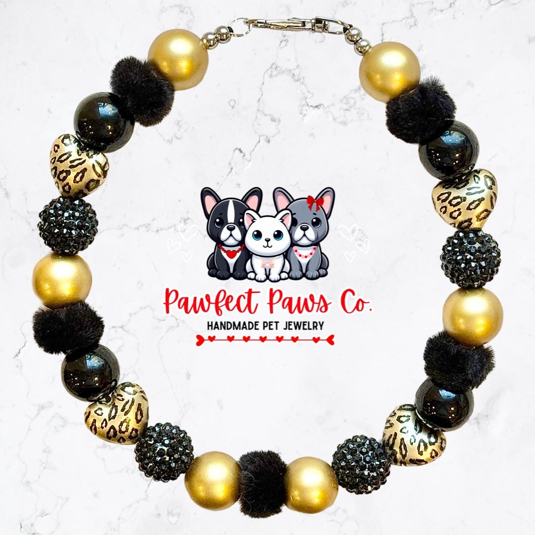 Wild for You* Black Sparkle Leopard Hearts Valentines Day Custom Beaded Dog/Cat Necklace!