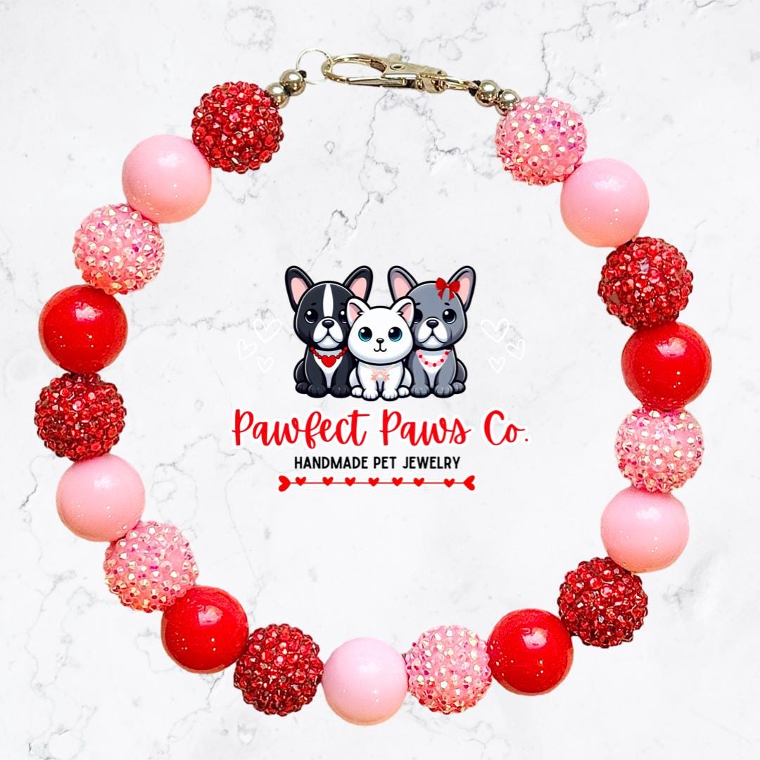 Be Mine* Red & Pink Sparkle Valentines Day Custom Beaded Dog/Cat Necklace!