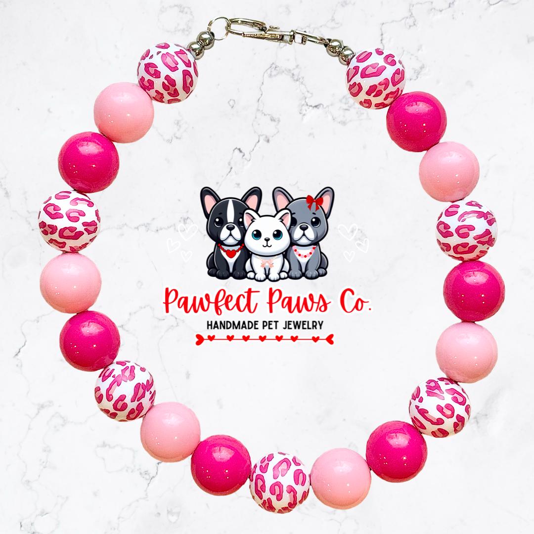 Wild Thing* Pink & Red Leopard Print Valentines Day Custom Beaded Dog/Cat Necklace!