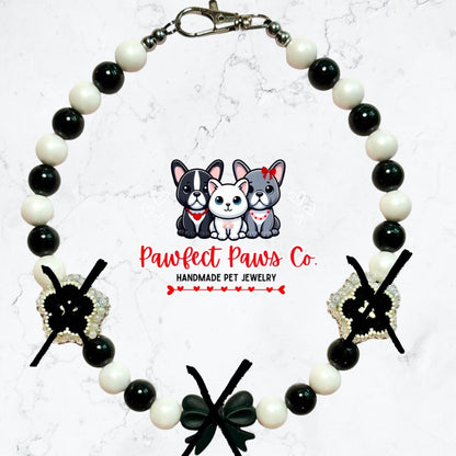 Bow-tiful Bouquet* Black & Pearl Flowers and Bow Valentines Day Custom Beaded Dog/Cat Necklace!