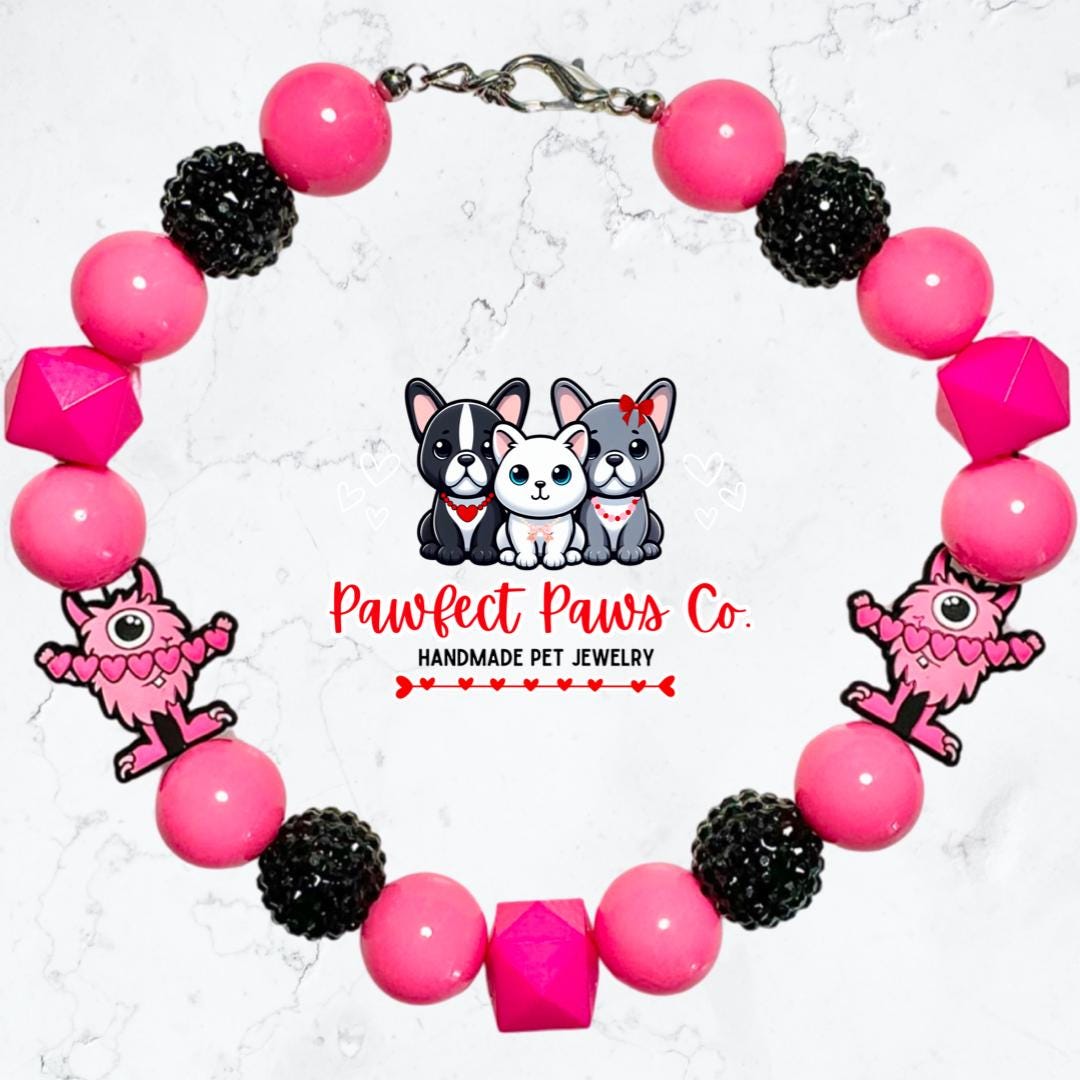 Crazy About You* Pink & Black Sparkle Monster Valentines Day Custom Beaded Dog/Cat Necklace!