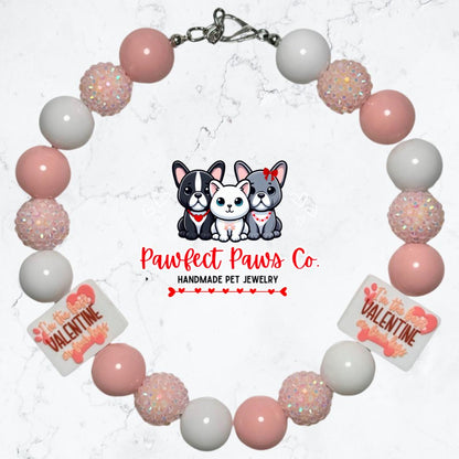 Best Valentine* White & Pink Sparkle Pet Valentines Day Custom Beaded Dog/Cat Necklace!