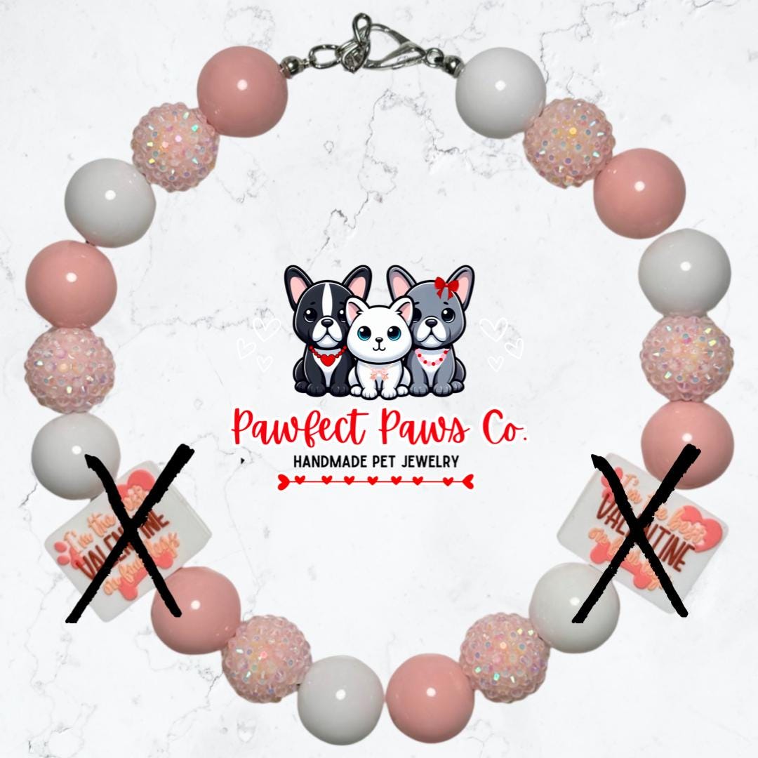 Best Valentine* White & Pink Sparkle Pet Valentines Day Custom Beaded Dog/Cat Necklace!